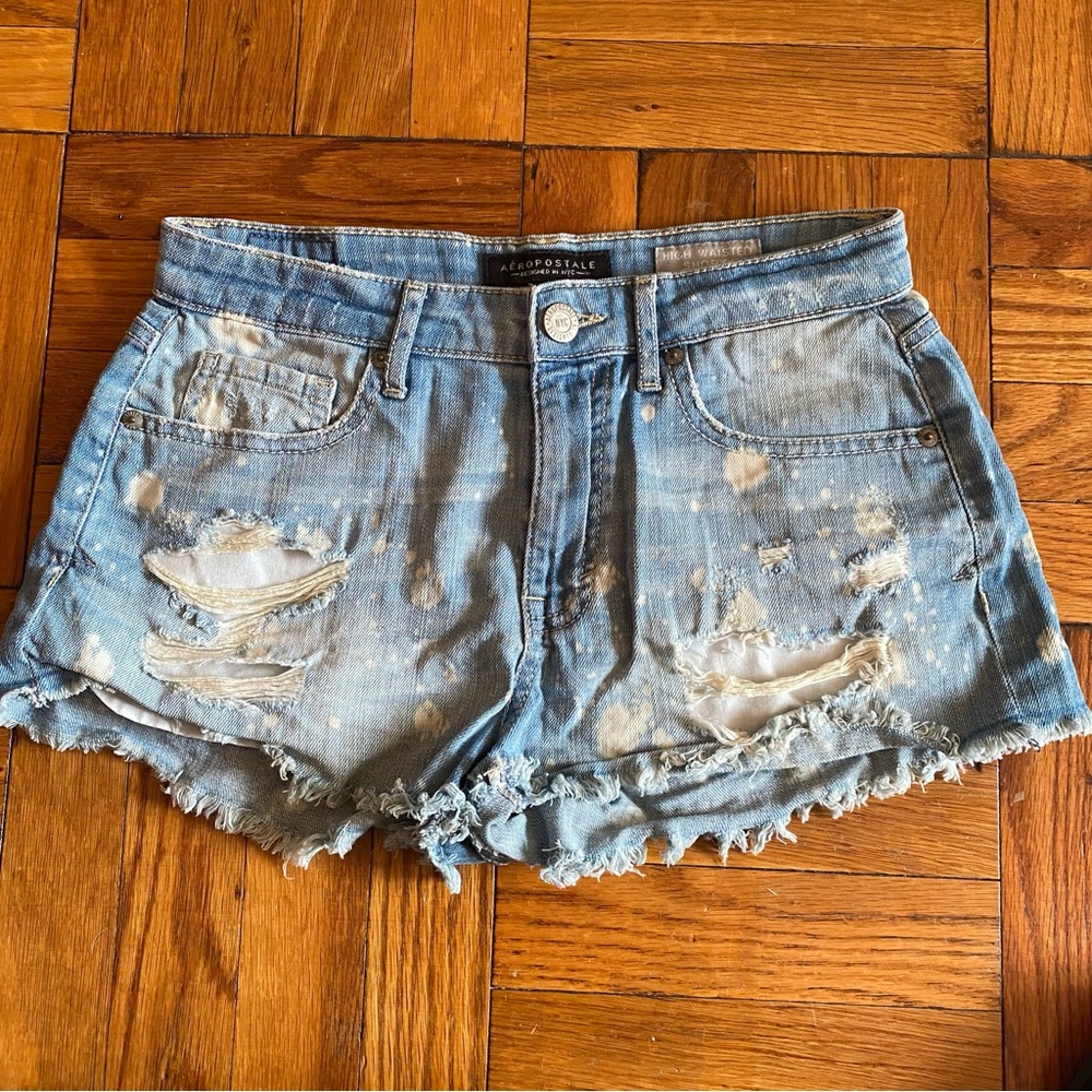 Aeropostale High Waisted Shorty Distressed Denim Shorts